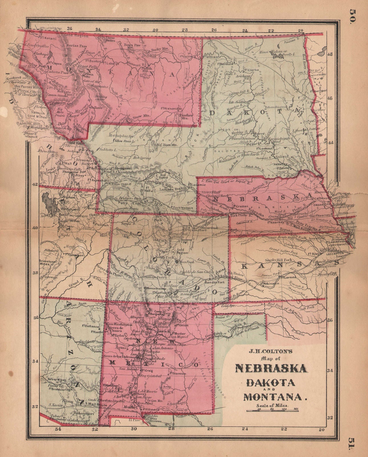 JH Colton's map of Nebraska, Dakota & Montana. Wyoming Colorado New Mexico 1864